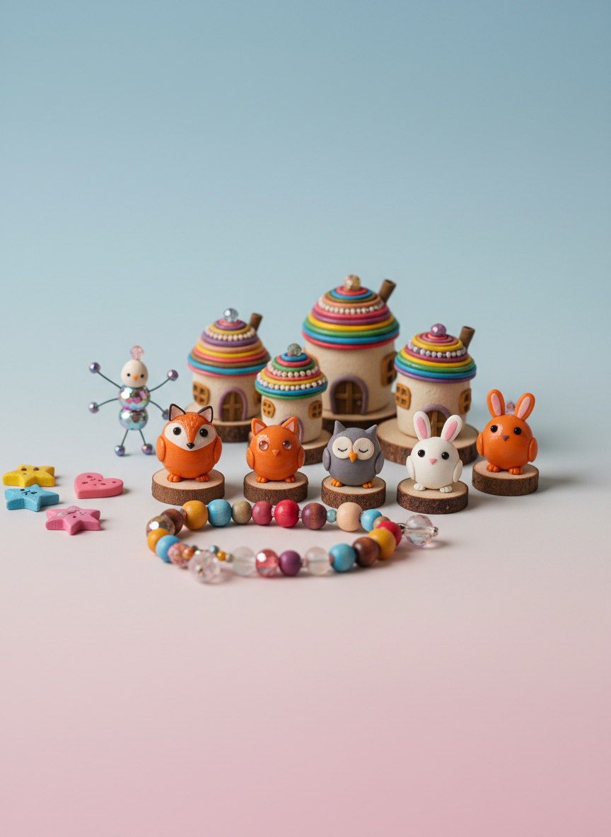 A whimsical tabletop scene showcasing a tiny village of handmade clay and beaded figures arranged on a smooth pastel background. There are small, round animal characters, miniature houses with textured roofs, and bead-bodied creatures standing on simple wooden bases. Surrounding them are a few colorful fridge magnets and a bracelet coiled like a path through the village, suggesting a magical, toy-like world of gifts. Soft studio lighting from two sides eliminates harsh shadows and adds gentle highlights to the glossy and matte surfaces. Shot from a low, slightly angled perspective with sharp focus on the central figures and a soft blur toward the back, the photographic image feels imaginative, playful, and perfectly suited to a brand of joyful, one-of-a-kind surprises.