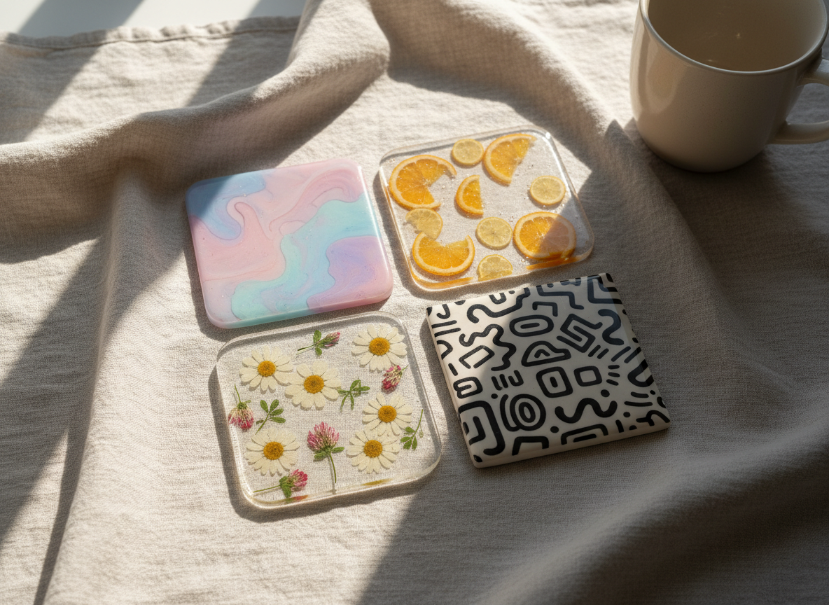 A set of four handmade coasters displayed in a neat grid on a pale linen cloth, each coaster with a different playful design: one with abstract pastel shapes, one with tiny citrus slices embedded in resin, one with miniature pressed flowers, and one with bold black-and-white doodles. A ceramic mug without any branding sits just out of focus in the corner, suggesting use without stealing attention. Soft morning light filters in from a nearby window, creating delicate reflections on the resin surfaces and gentle shadows in the fabric’s folds. Captured at eye level with a slight diagonal tilt, the photographic scene feels fresh, bright, and modern, showcasing the variety and artistry of small, joyful home gifts.
