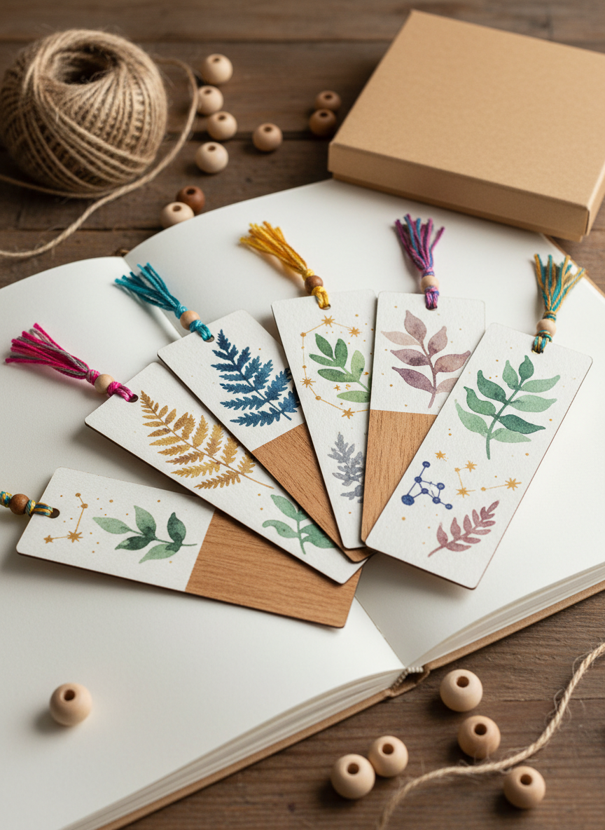 A vibrant, photographic still life of handmade bookmarks fanned out across an open, blank notebook on a wooden desk. Each bookmark is crafted from thick cardstock and wood, decorated with watercolor-like illustrations of plants and stars, tiny tassels of colorful yarn, and small bead clusters dangling from the top. Around them lie a few scattered wooden beads, a coil of twine, and a kraft gift box lid, hinting at packaging. Diffused daylight from above creates a soft, even glow with subtle shadows under the bookmarks, emphasizing their textures and edges. The composition uses a rule-of-thirds arrangement with a shallow depth of field, resulting in a playful, creative atmosphere perfect for a brand specializing in cheerful, handmade gifts for book lovers.