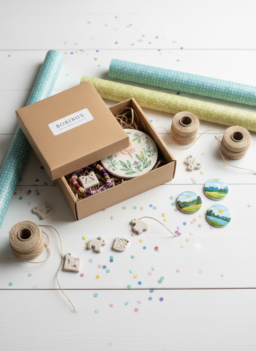 An overhead photographic composition of a gift-wrapping station themed around BORIBOX’s handmade treasures. A central kraft gift box sits partly open, revealing a peek of a beaded bracelet and a painted coaster. Around it are neatly arranged strips of patterned tissue paper, twine spools, tiny clay charms, and a few finished magnets ready to be packed. The surface is a clean white tabletop, with small, colorful paper confetti scattered for a festive touch. Soft, bright daylight flows in from the top of the frame, creating crisp yet gentle shadows for a lively but uncluttered mood. The composition uses asymmetrical balance, with a shallow depth of field that keeps the box and gifts in sharp focus, evoking the fun of preparing a box full of surprises.