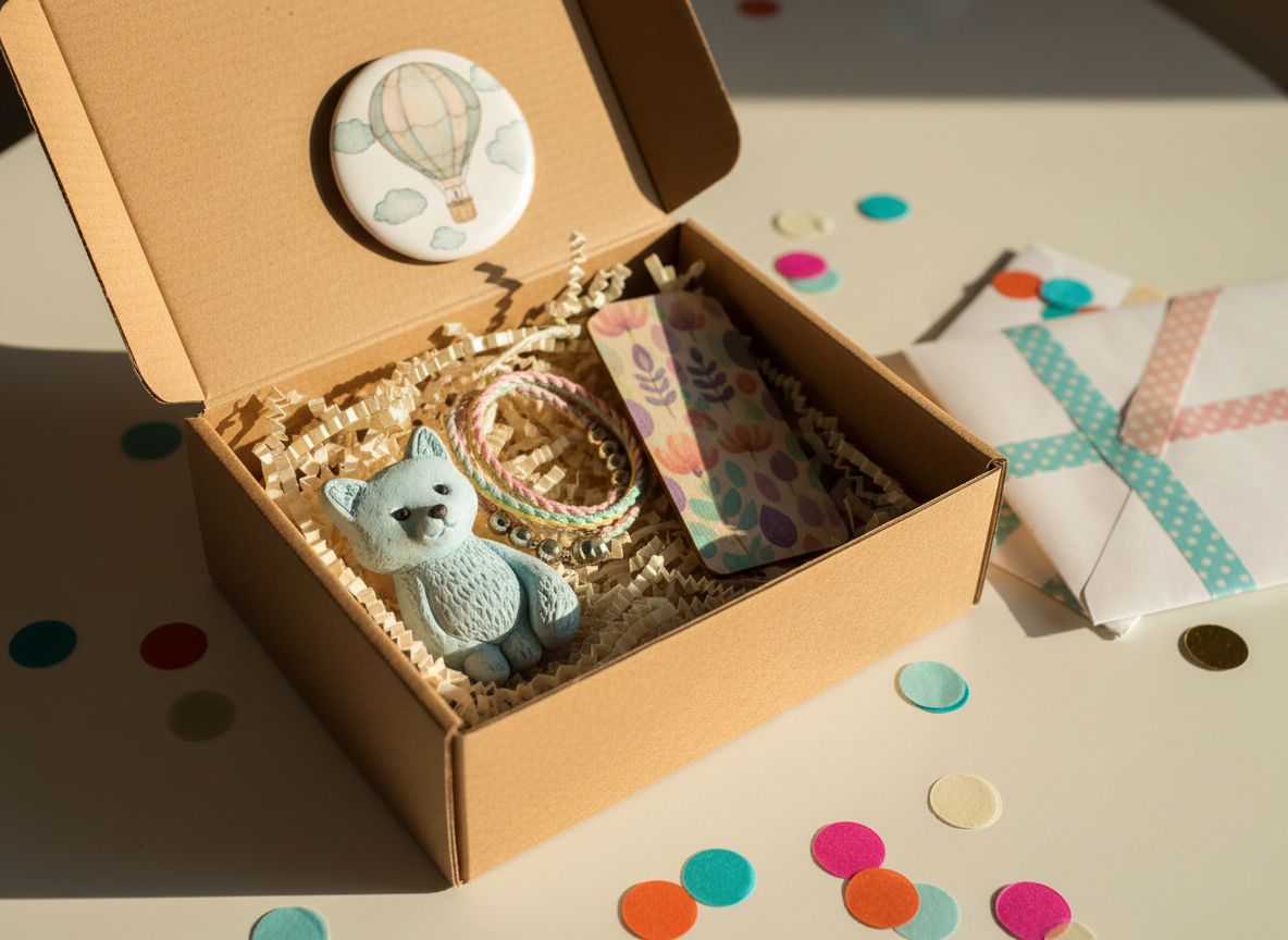 A close-up, photographic image of an open kraft gift box filled with shredded paper and a mix of handmade treasures: a delicate clay animal figure, a braided thread bracelet with tiny metal beads, a glossy illustrated magnet, and a hand-painted wooden bookmark peeking out from the padding. The box rests on a white tabletop scattered with colorful confetti circles and a pair of washi-taped envelopes in soft pastel tones. Warm natural afternoon light streams in from the left, casting cozy, gentle shadows and highlighting the textures of paper, clay, and beads. Shot from a slightly elevated angle with shallow depth of field, the composition feels playful and celebratory, evoking the excitement of unboxing a carefully curated surprise gift package.
