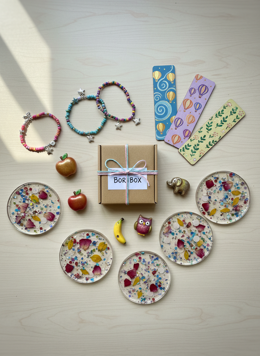 A playful flat lay of assorted handmade gifts from a brand called BORIBOX, arranged on a light wooden table. Colorful beaded bracelets with tiny charms, painted wooden bookmarks with whimsical patterns, shiny fridge magnets shaped like fruits and animals, and round resin coasters with confetti-like inclusions encircle a small kraft gift box tied with pastel twine. Soft, diffused daylight from the side creates gentle shadows and subtle highlights on the glossy and matte textures. The background is softly blurred at the edges for focus on the objects, photographed from a bird’s-eye view with photographic realism. The mood is cheerful and inviting, suggesting a curated selection of small surprises ready to be discovered, in a clean, bright, modern aesthetic.
